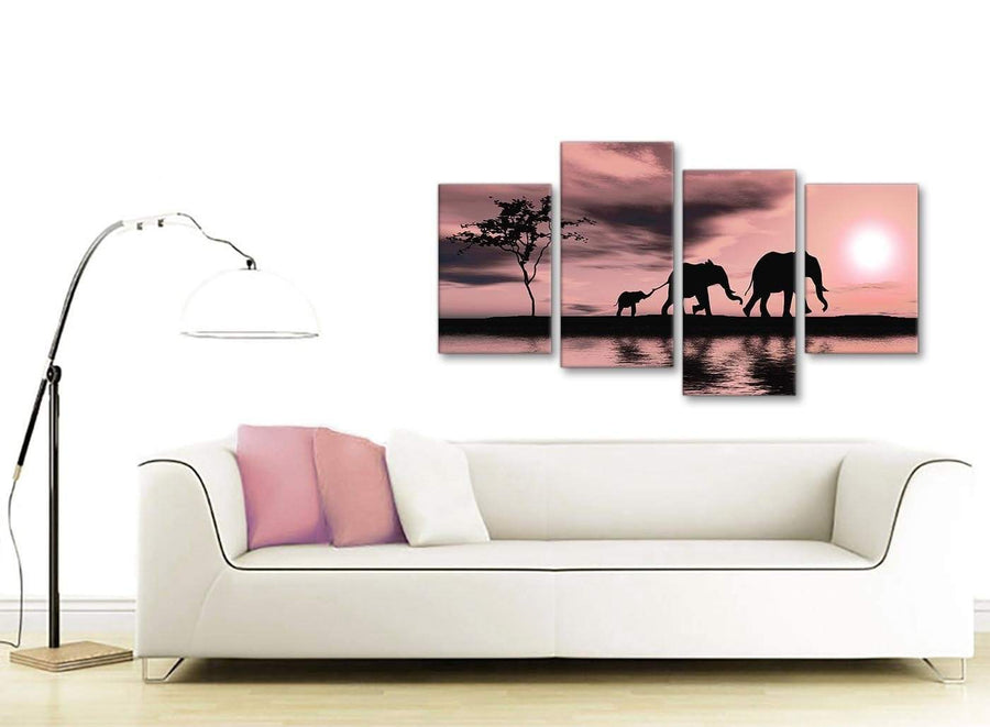 Contemporary Large Blush Pink African Sunset Elephants Canvas Wall Art Print Multi 4 Piece 130cm Wide For Your Kitchen-4361