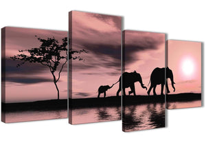 Oversized Large Blush Pink African Sunset Elephants Canvas Wall Art Print Multi 4 Piece 130cm Wide For Your Dining Room-4361