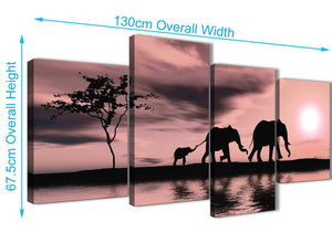 Panoramic Large Blush Pink African Sunset Elephants Canvas Wall Art Print Multi 4 Piece 130cm Wide For Your Dining Room-4361