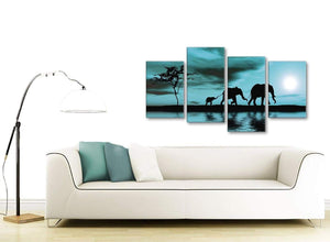 Contemporary Large Teal African Sunset Elephants Canvas Wall Art Print Split 4 Piece 130cm Wide For Your Dining Room-4362