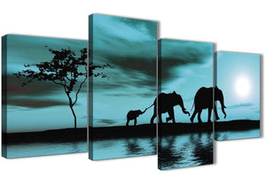 Oversized Large Teal African Sunset Elephants Canvas Wall Art Print Split 4 Piece 130cm Wide For Your Kitchen-4362
