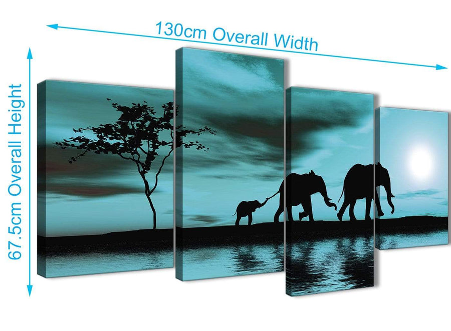 Panoramic Large Teal African Sunset Elephants Canvas Wall Art Print Split 4 Piece 130cm Wide For Your Dining Room-4362