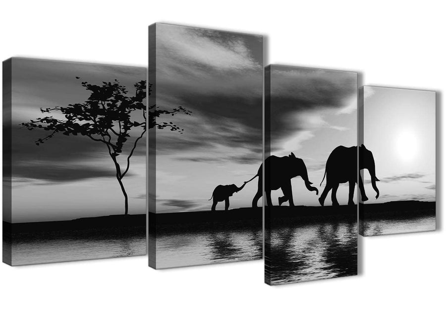 Oversized Large Black White African Sunset Elephants Canvas Wall Art Print Multi 4 Set 130cm Wide For Your Kitchen-4363