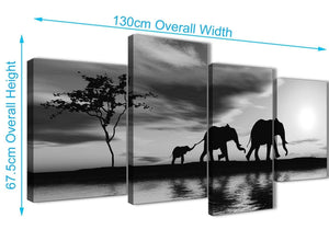 Panoramic Large Black White African Sunset Elephants Canvas Wall Art Print Multi 4 Set 130cm Wide For Your Dining Room-4363