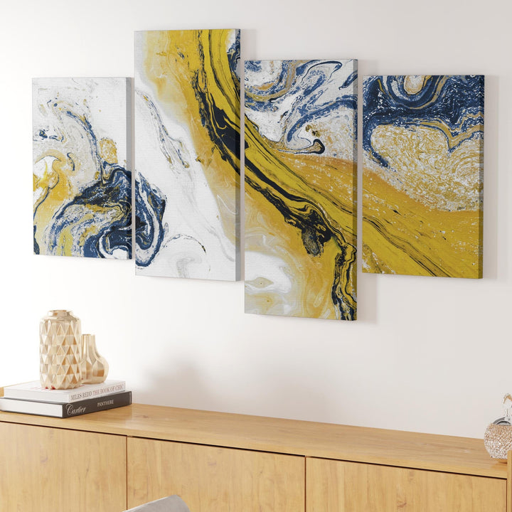 Mustard Yellow and Blue Swirl Living Room Canvas Pictures Accessories - Abstract Print - 4469