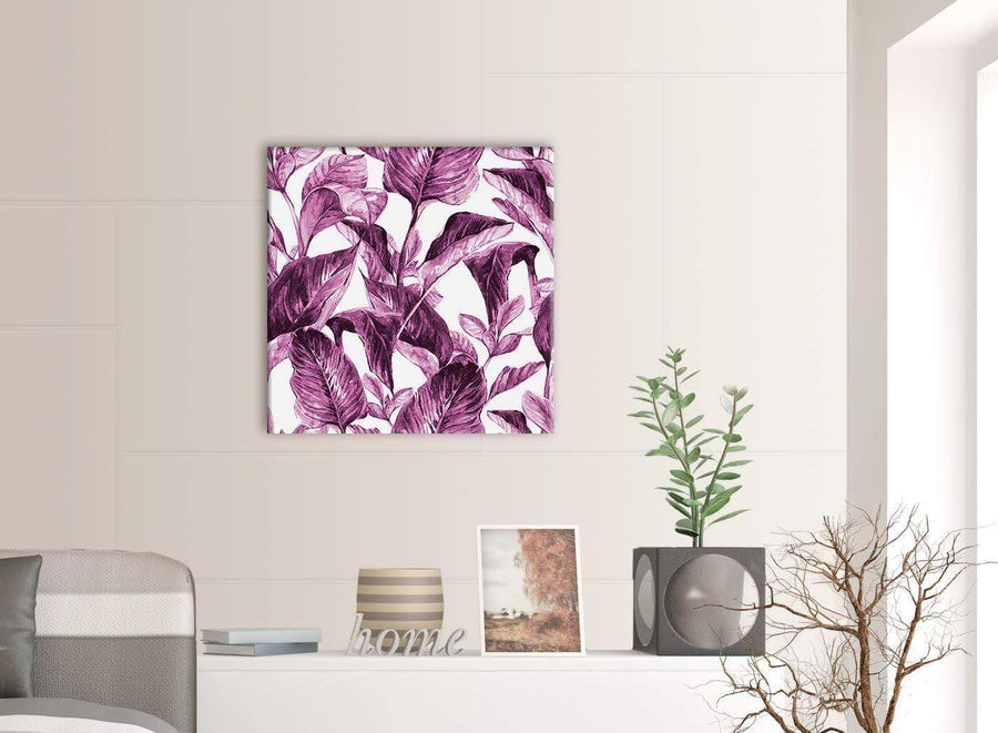 Contemporary Plum Aubergine White Tropical Leaves Canvas Modern 64cm Square 1S319M For Your Bedroom