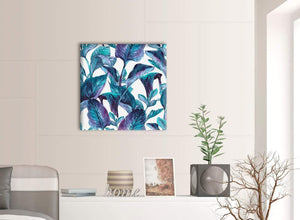 Contemporary Turquoise And White Tropical Leaves Canvas Modern 64cm Square 1S323M For Your Living Room