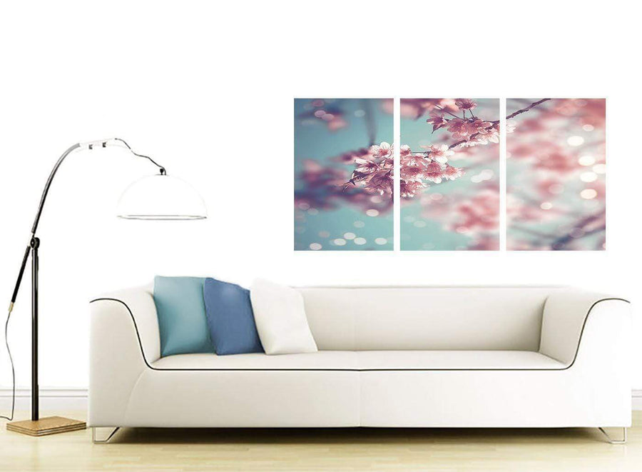 contemporary duck egg blue pink shabby chic blossom floral canvas split 3 panel 3280 for your office