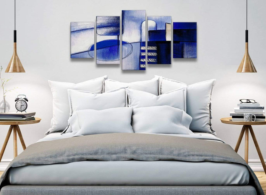 5 Panel Indigo Blue Cream Painting Abstract Bedroom Canvas Pictures Decor - 5418 - 160cm XL Set Artwork