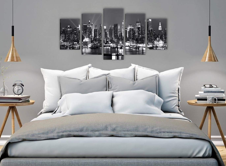 5 Panel Landscape Canvas Wall Art Pictures - New York Hudson River Skyline - 5435 Black White Grey - 160cm XL Set Artwork