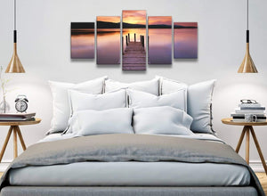 5 Piece Landscape Canvas Wall Art Pictures - Purple Sunset Jetty Derwent Water Lake - 5214 - 160cm XL Set Artwork