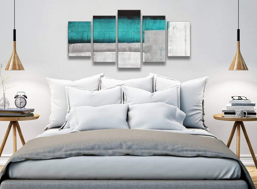 5 Piece Teal Turquoise Grey Painting Abstract Office Canvas Wall Art Decor - 5429 - 160cm XL Set Artwork