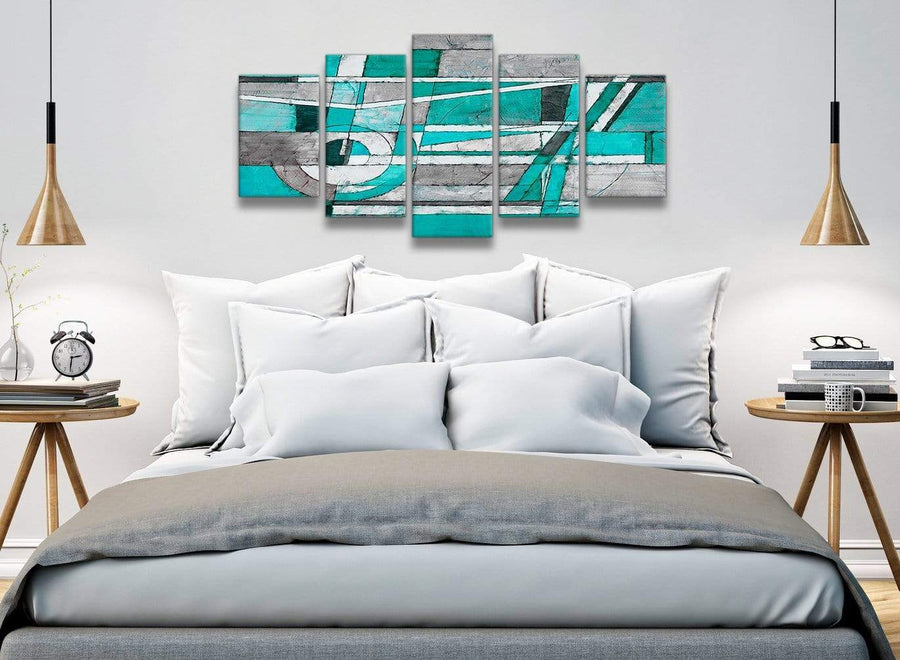 5 Piece Turquoise Grey Painting Abstract Living Room Canvas Wall Art Decorations - 5403 - 160cm XL Set Artwork
