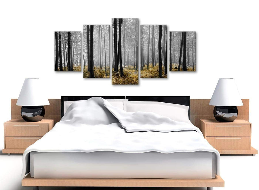 5 Piece Yellow and Grey Forest Woodland Trees Dining Room Canvas Wall Art Decorations - 5384 - 160cm XL Set Artwork