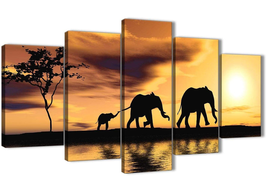 Oversized 5 Panel Animal Canvas Wall Art Prints - African Sunset Elephants - 5479 Mustard Yellow - 160cm XL Set Artwork