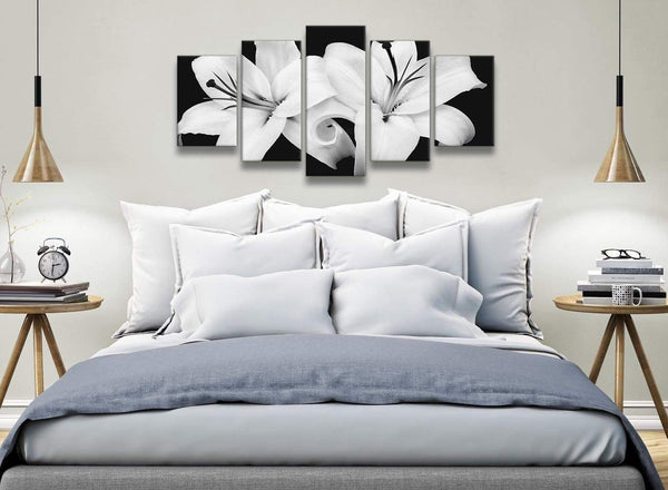 5 Piece Black White Lily Flower Dining Room Canvas Wall Art Decor - 5458 - 160cm XL Set Artwork