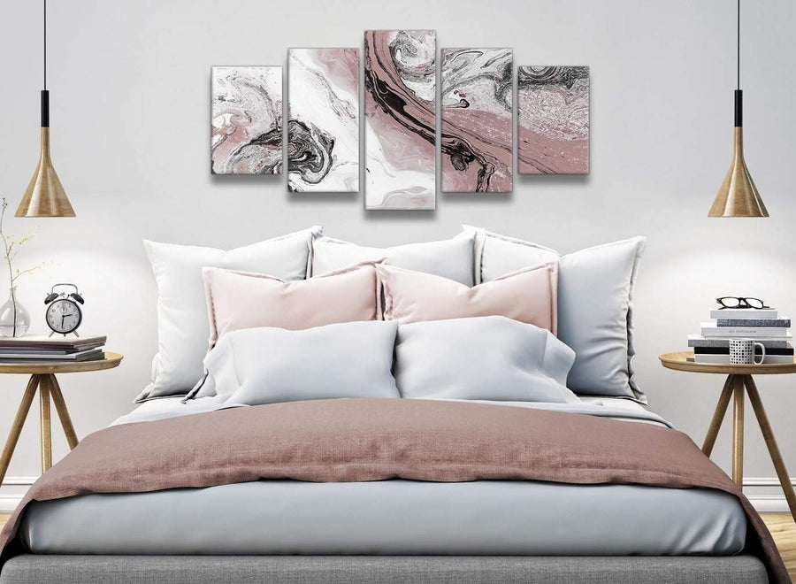 5 Panel Blush Pink and Grey Swirl Abstract Office Canvas Wall Art Decor - 5463 - 160cm XL Set Artwork