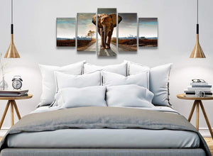 5 Piece Canvas Wall Art Pictures - Modern Elephant Landscape - 5209 - 160cm XL Set Artwork