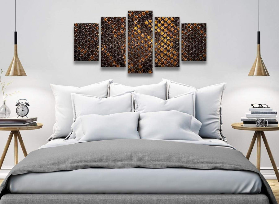 5 Panel Mustard Gold Snakeskin Animal Print Abstract Bedroom Canvas Wall Art Decor - 5474 - 160cm XL Set Artwork