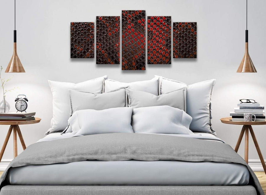 5 Panel Red Snakeskin Animal Print Abstract Living Room Canvas Wall Art Decorations - 5476 - 160cm XL Set Artwork