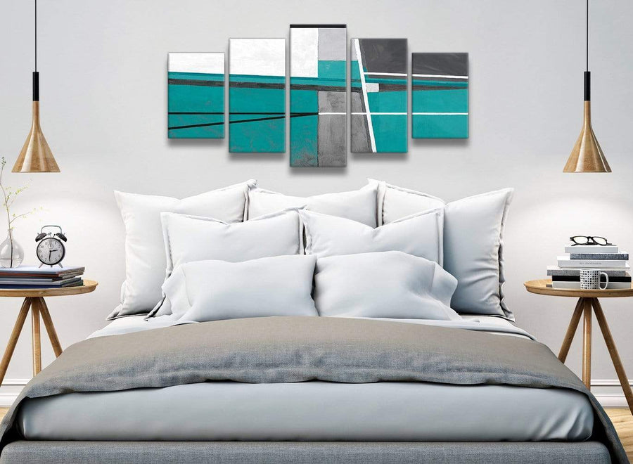 5 Part Teal Grey Painting Abstract Bedroom Canvas Wall Art Decorations - 5389 - 160cm XL Set Artwork