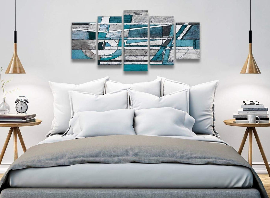 5 Panel Teal Grey Painting Abstract Living Room Canvas Pictures Decor - 5402 - 160cm XL Set Artwork
