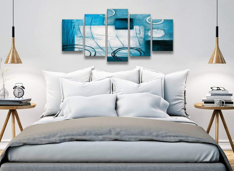 5 Piece Teal White Painting Abstract Dining Room Canvas Wall Art Decor - 5432 - 160cm XL Set Artwork