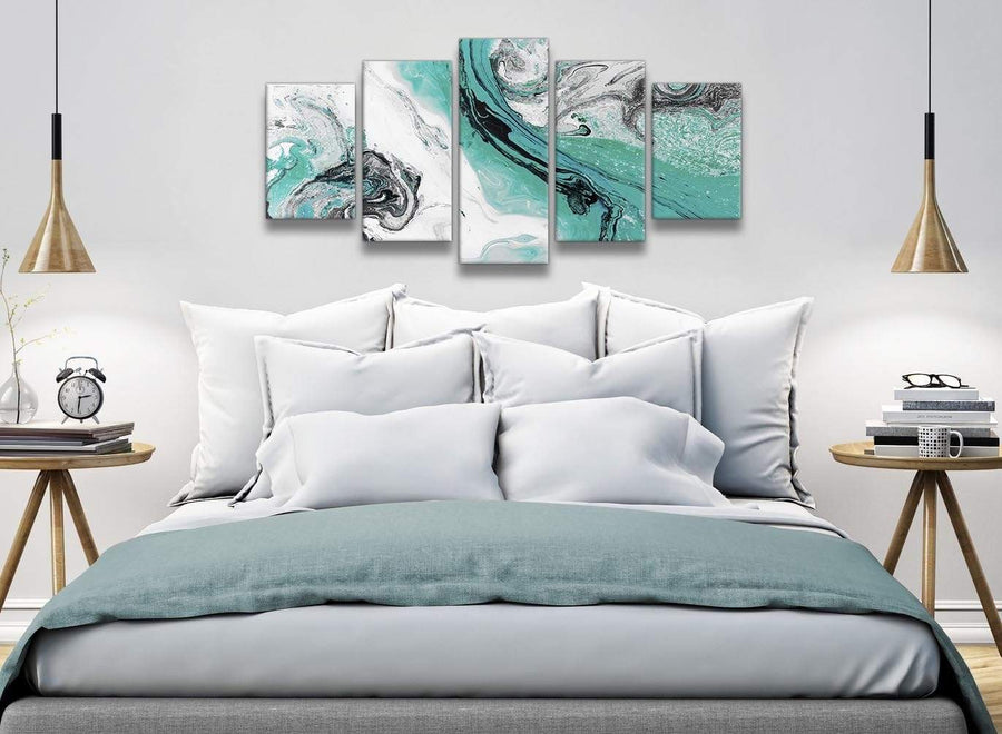 5 Piece Turquoise and Grey Swirl Abstract Dining Room Canvas Wall Art Decor - 5460 - 160cm XL Set Artwork