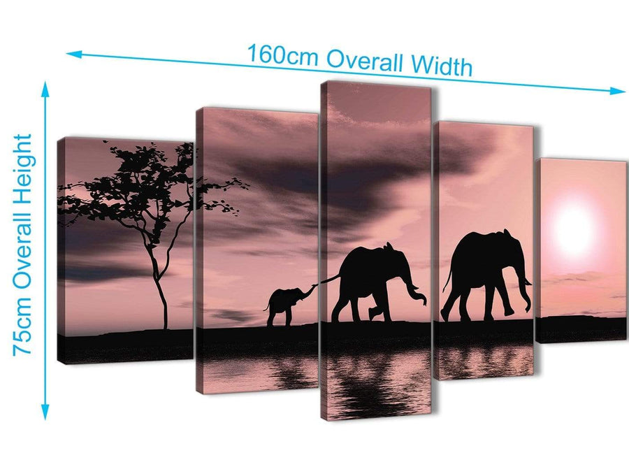 5361-cheap-extra-large-blush-pink-african-sunset-elephants-canvas-wall-art-print-split-5-piece-160cm-wide-for-your-living-room