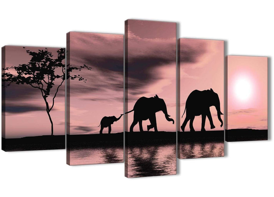 5361-contemporary-extra-large-blush-pink-african-sunset-elephants-canvas-wall-art-print-split-5-set-160cm-wide-for-your-kitchen