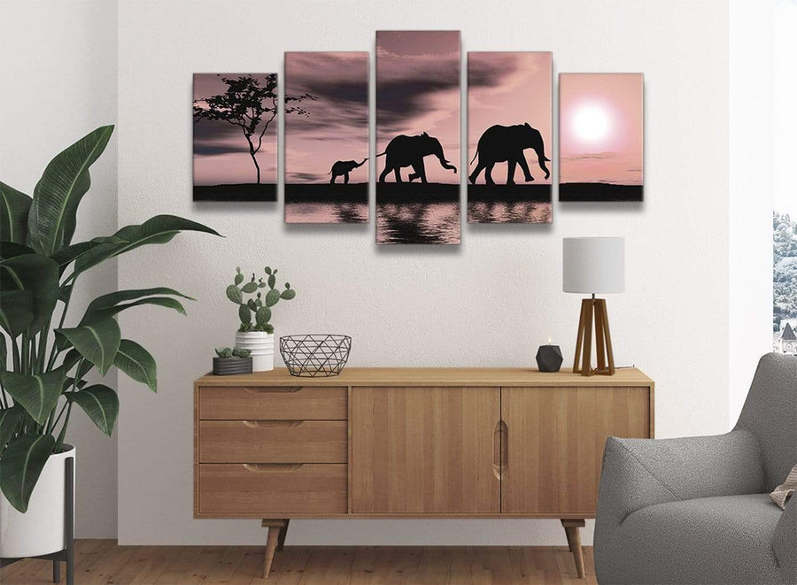 5361-oversized-extra-large-blush-pink-african-sunset-elephants-canvas-wall-art-print-multi-5-part-160cm-wide-for-your-dining-room 