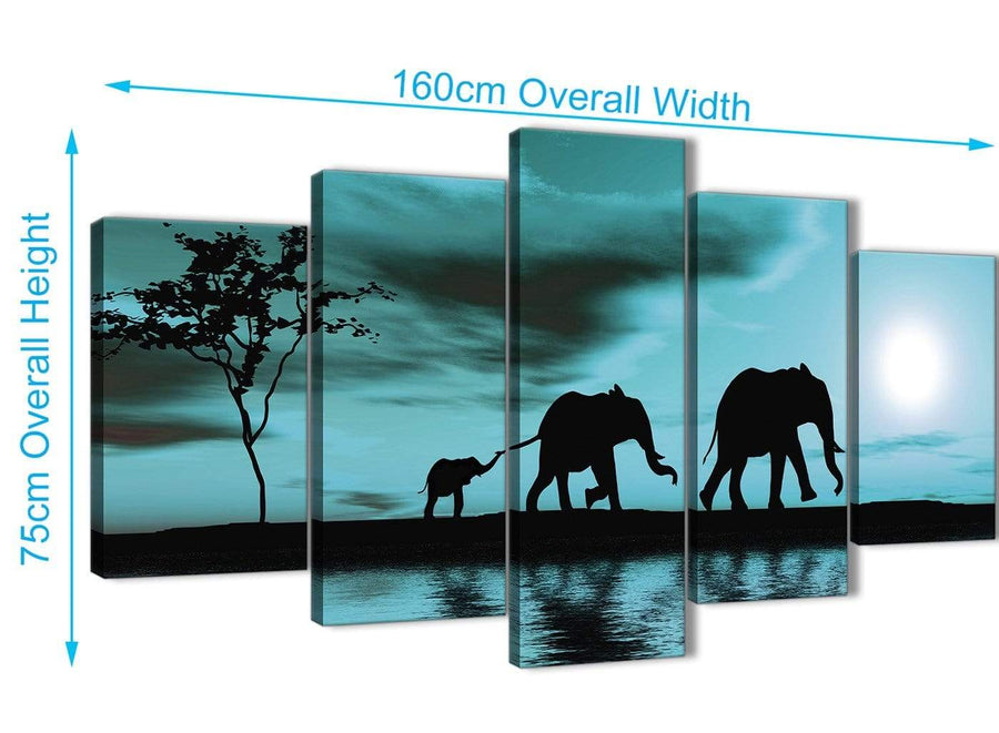 5362-cheap-extra-large-teal-african-sunset-elephants-canvas-wall-art-print-split-5-piece-160cm-wide-for-your-dining-room