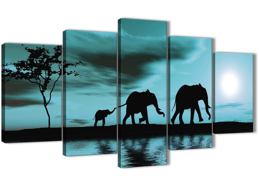 5362-contemporary-extra-large-teal-african-sunset-elephants-canvas-wall-art-print-split-set-of-5-160cm-wide-for-your-dining-room
