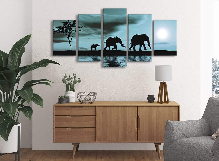 5362-oversized-extra-large-teal-african-sunset-elephants-canvas-wall-art-print-multi-5-panel-160cm-wide-for-your-dining-room