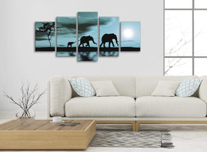 5362-panoramic-extra-large-teal-african-sunset-elephants-canvas-wall-art-print-split-5-set-160cm-wide-for-your-dining-room