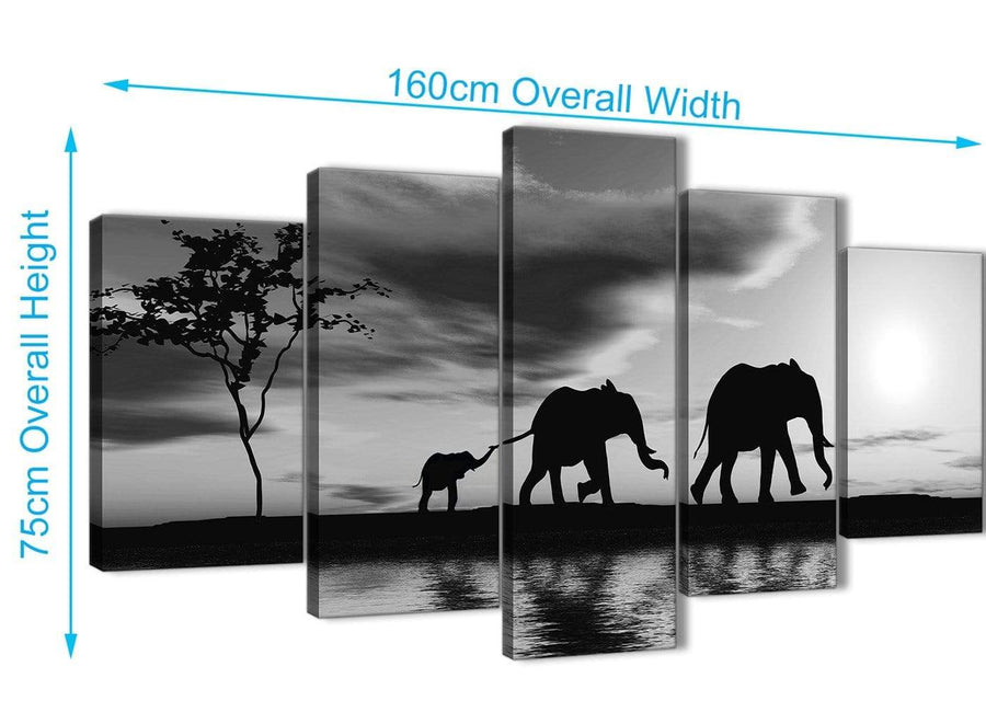 5363-cheap-extra-large-black-white-african-sunset-elephants-canvas-wall-art-print-multi-5-piece-160cm-wide-for-your-dining-room