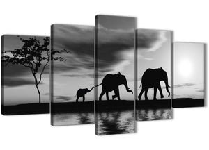 5363-contemporary-extra-large-black-white-african-sunset-elephants-canvas-wall-art-print-split-set-of-5-160cm-wide-for-your-kitchen