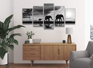 5363-oversized-extra-large-black-white-african-sunset-elephants-canvas-wall-art-print-split-5-panel-160cm-wide-for-your-kitchen