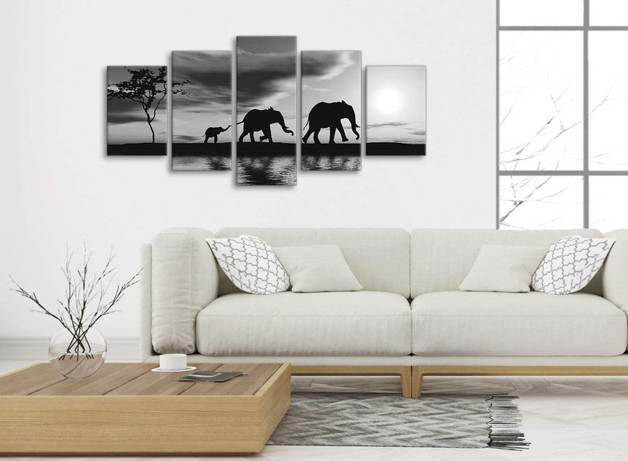 5363-panoramic-extra-large-black-white-african-sunset-elephants-canvas-wall-art-print-multi-5-panel-160cm-wide-for-your-dining-room