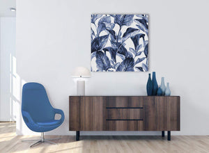 Cheap Indigo Navy Blue White Tropical Leaves Canvas Modern 79cm Square 1S320L For Your Dining Room