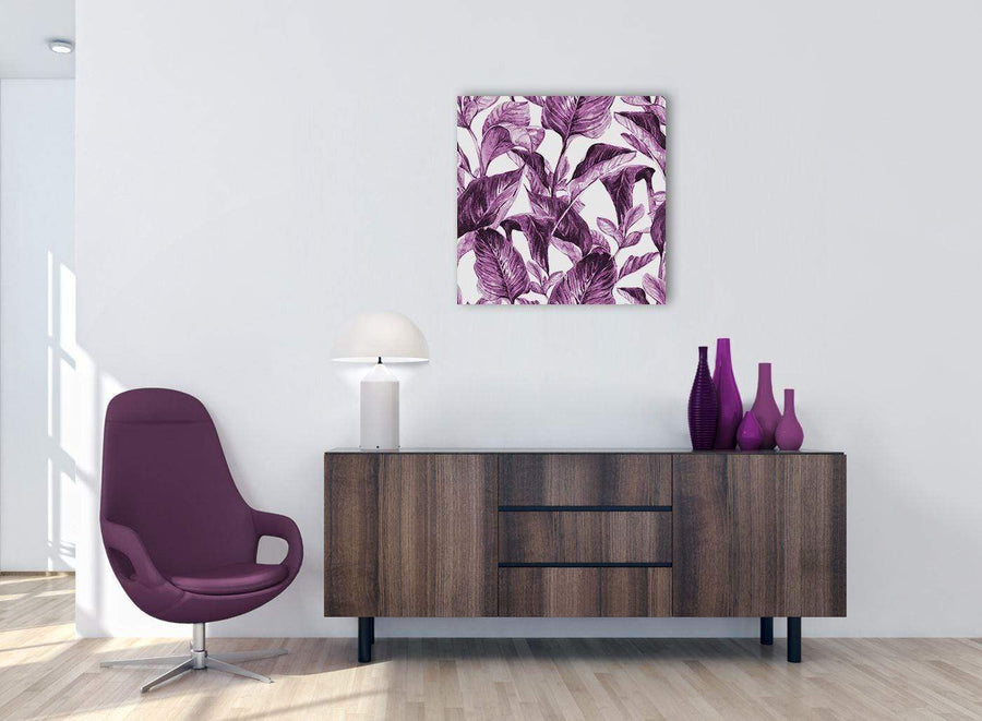 Cheap Plum Aubergine White Tropical Leaves Canvas Modern 64cm Square 1S319M For Your Living Room
