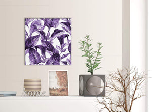 Contemporary Dark Purple White Tropical Exotic Leaves Canvas Modern 49cm Square 1S322S For Your Dining Room