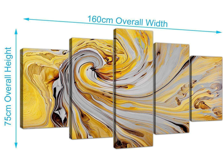 panoramic extra large yellow and grey spiral swirl abstract canvas split 5 part 5290 for your dining room