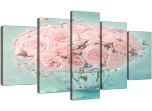 cheap extra large duck egg blue and pink roses flower floral canvas multi 5 panel 5287 for your living room