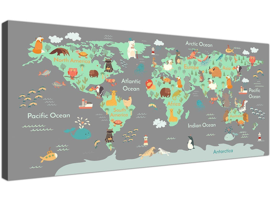 Animal Map of World Atlas Canvas Art for Childrens Bedroom - Educational Kids Pictures - 120cm Wide - 1294