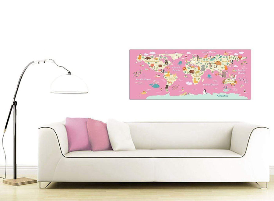 Oversized Pink Animal Map Of World Atlas Animals Canvas Modern 120cm Wide 1316 For Your Nursery