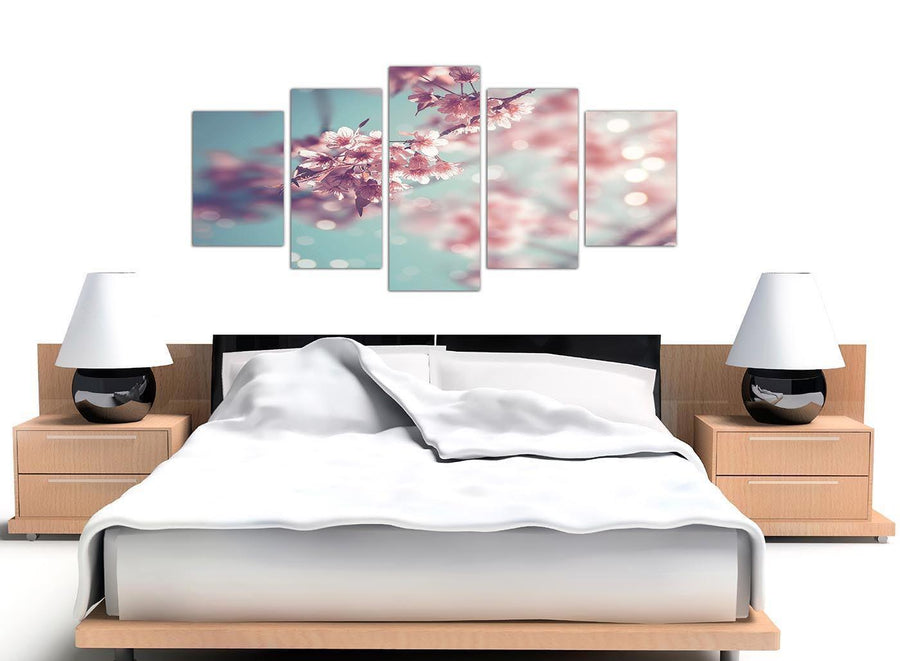 oversized extra large duck egg blue pink shabby chic blossom floral canvas split 5 piece 5280 for your girls bedroom
