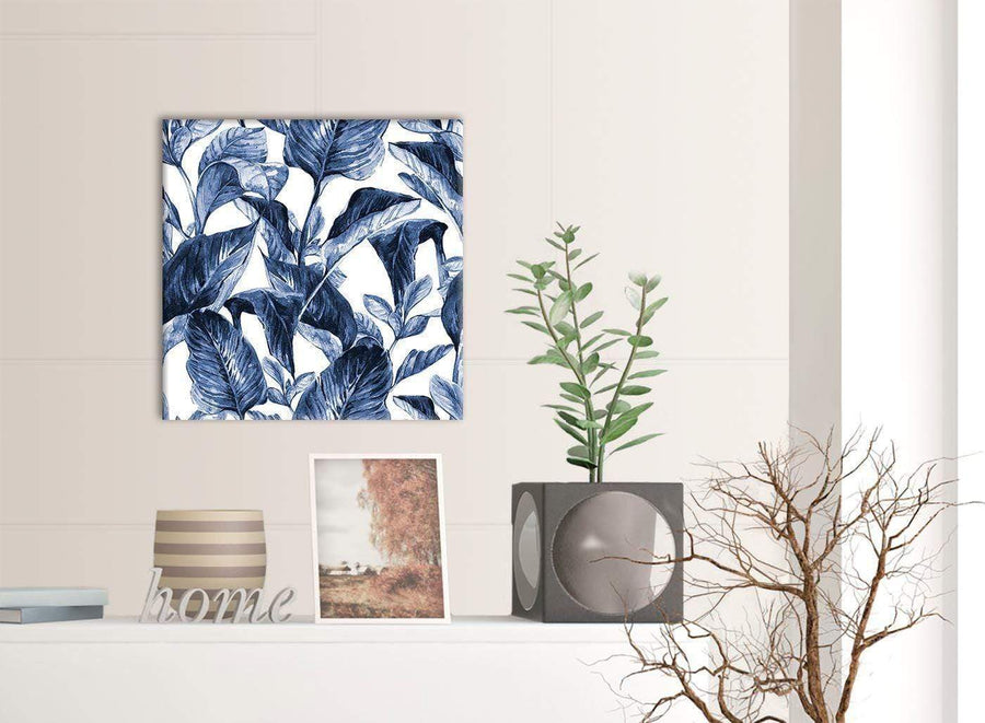 Contemporary Indigo Navy Blue White Tropical Leaves Canvas Modern 49cm Square 1S320S For Your Hallway