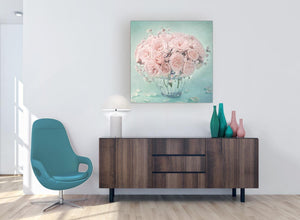 modern duck egg blue and pink roses flower floral canvas modern 79cm square 1s287l for your living room