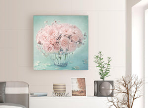 contemporary duck egg blue and pink roses flower floral canvas modern 79cm square 1s287l for your living room